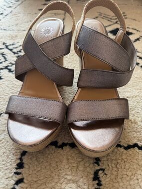 Yellow Box Metallic Taupe Crisscross Wedge Sandals